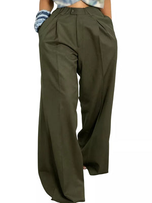Wide Leg Pleated Pants in Khaki, back view