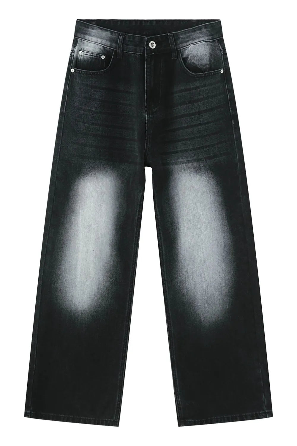 Faded wash baggy denim jeans in dark, with a wide leg and distressed detailing.