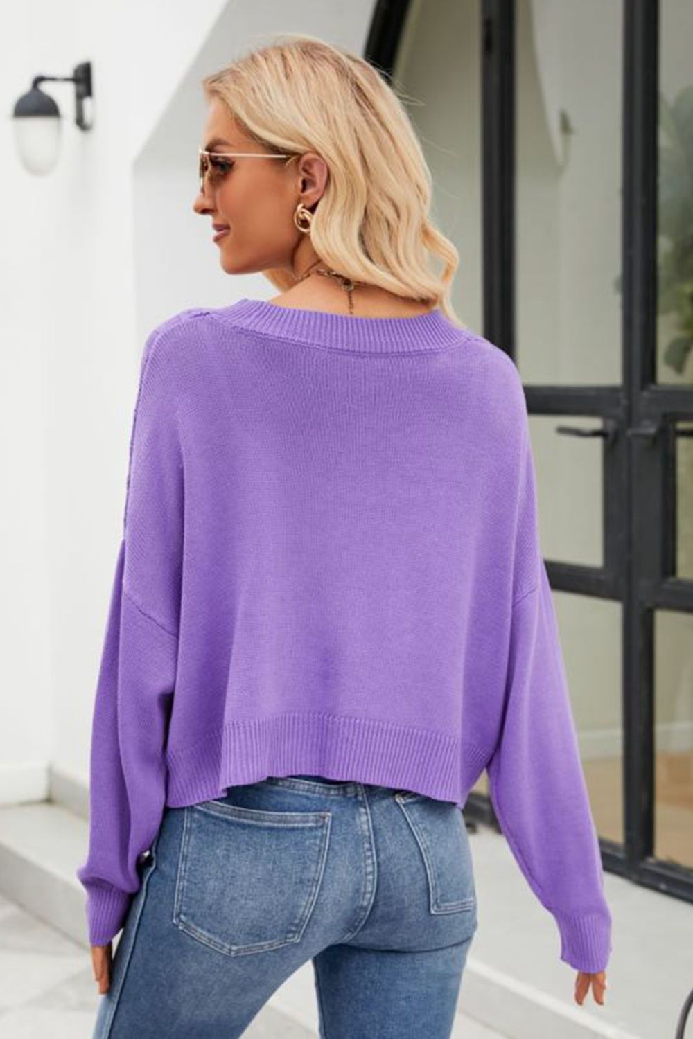 Purple textured stitch cropped V-neck cardigan with ribbed hem and cuffs.