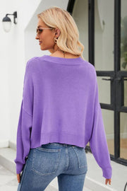 Purple textured stitch cropped V-neck cardigan with ribbed hem and cuffs.