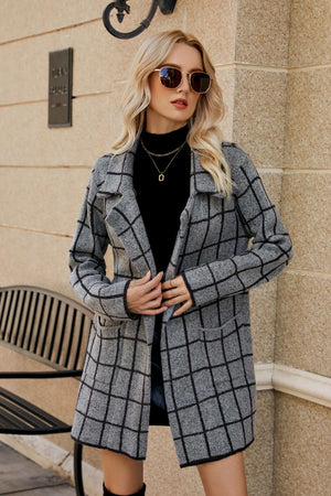 Gray grid-print knit blazer coat with open front and pockets.