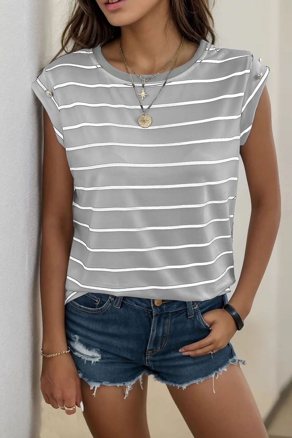 Light Gray and white striped tee with cap sleeves and button shoulder detail.