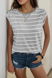 Light Gray and white striped tee with cap sleeves and button shoulder detail.