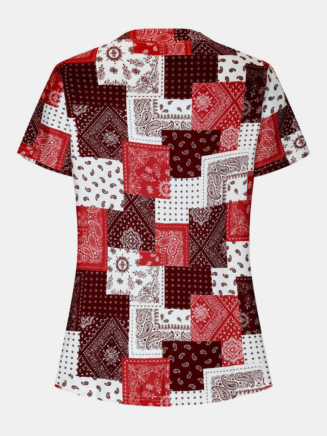 Bandana patchwork henley blouse in deep red and white with short sleeves.