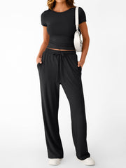 Black round neck tee and relaxed fit drawstring pants set