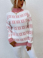 White and carnation pink fair isle mock neck pullover sweater with ribbed cuffs and hem.