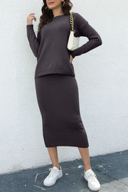 Ribbed knit midi co-ord set in Dark Gray with crew neck sweater and pencil skirt.