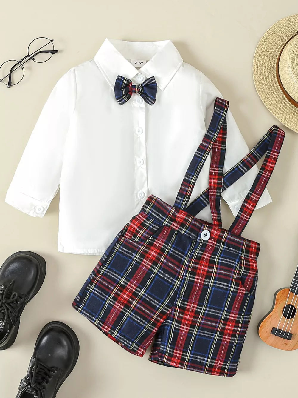 Children's Button Up Long Sleeve Shirt And Suspender Set in White, front view