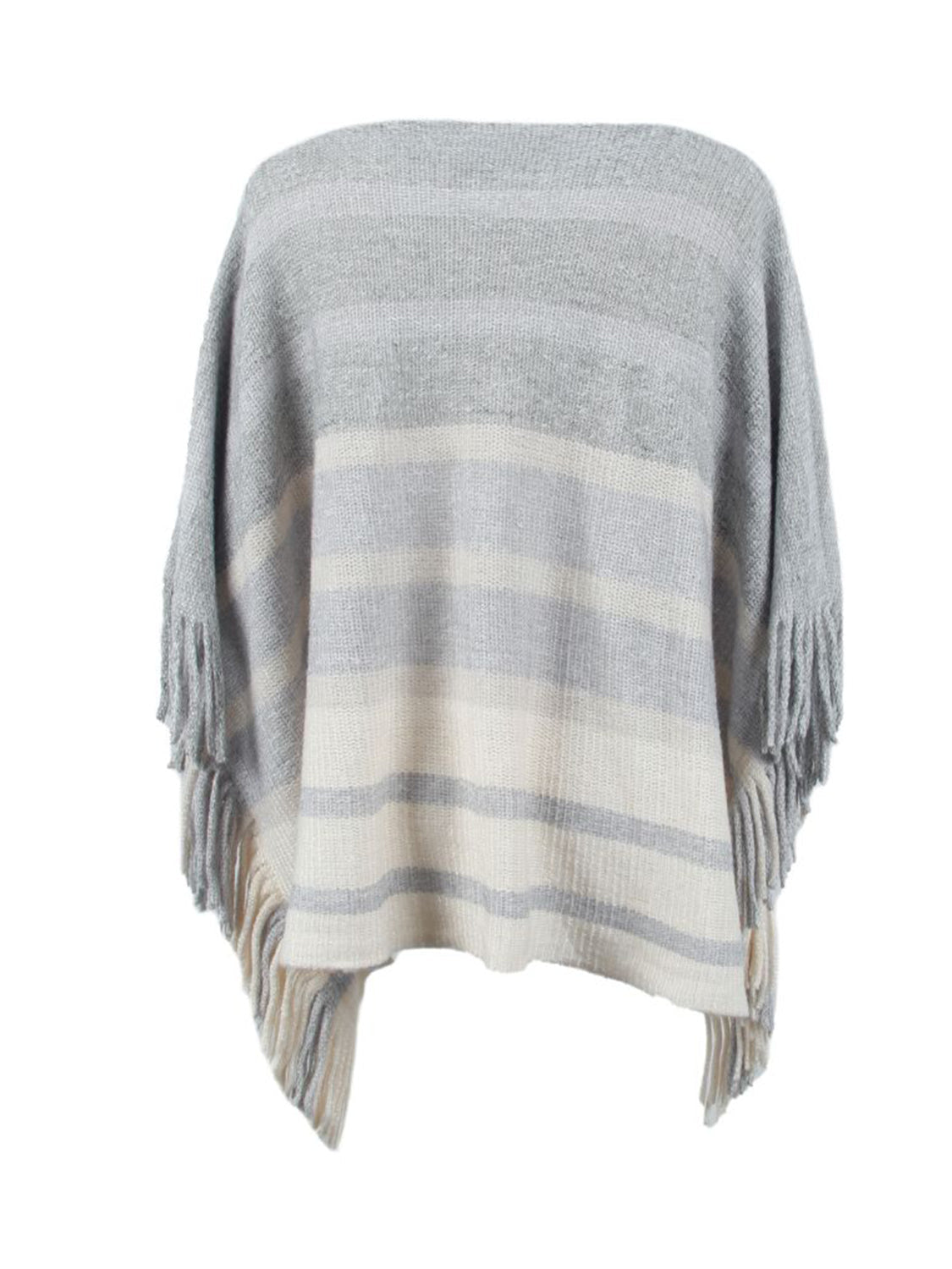 Striped fringe poncho in ivory and grey with a boat neck and fringed hem.