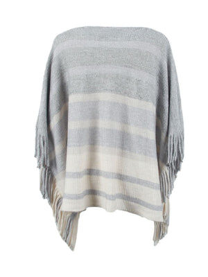 Striped fringe poncho in ivory and grey with a boat neck and fringed hem.
