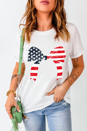 White t-shirt with distressed American flag bow graphic.