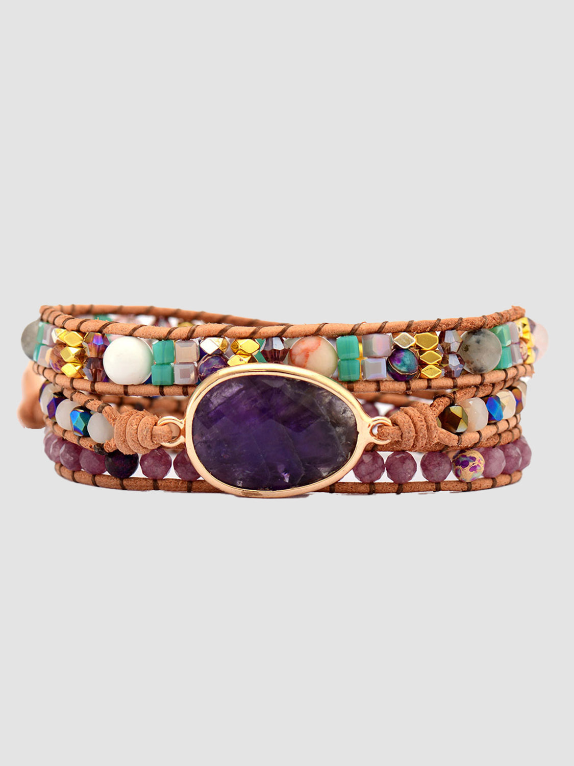 Wrapped amethyst and beaded bracelet with leather cord and gold accents