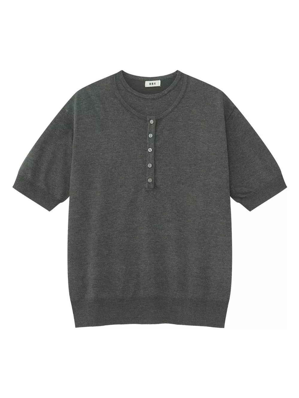 Charcoal short sleeve henley t-shirt with button placket and crew neck.