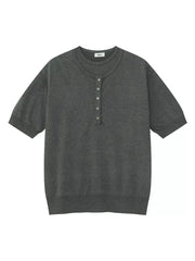 Charcoal short sleeve henley t-shirt with button placket and crew neck.