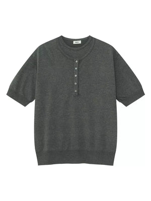 Charcoal short sleeve henley t-shirt with button placket and crew neck.