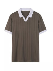 Men's brown short sleeve polo with white contrast collar and cuffs, vertical pinstripe detail.