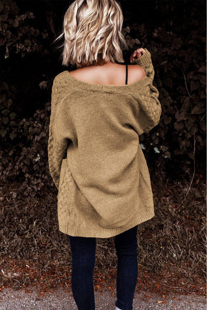 Khaki open-knit pocket cardigan with textured cable knit sleeves and a relaxed fit.