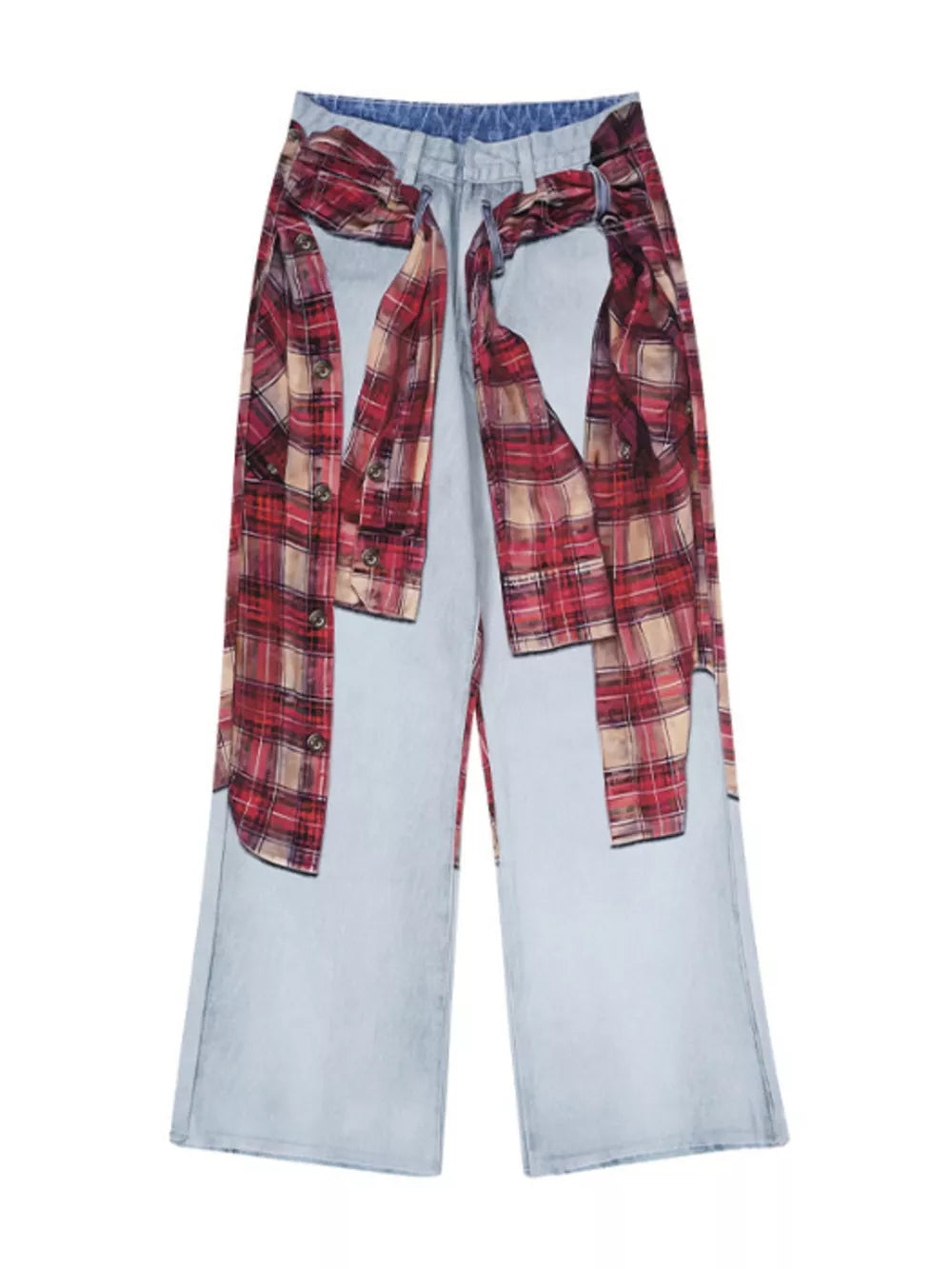 Plaid patchwork wide-leg men's jeans in light wash denim with red plaid accents and drawstring waist.