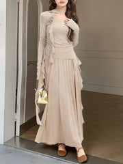 Ruffled Long Sleeve Knit Top And Maxi Skirt Set in Khaki, side view