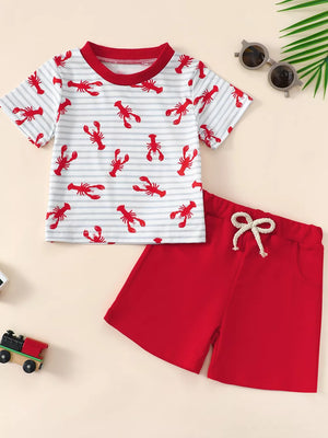 Lobster print baby t-shirt with red trim and red drawstring shorts.