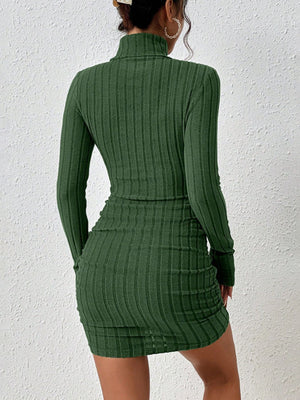 Green ribbed turtleneck bodycon mini dress with long sleeves.