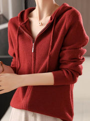 Ribbed knit zip-through hoodie in Scarlet with drawstring hood and silver zipper.