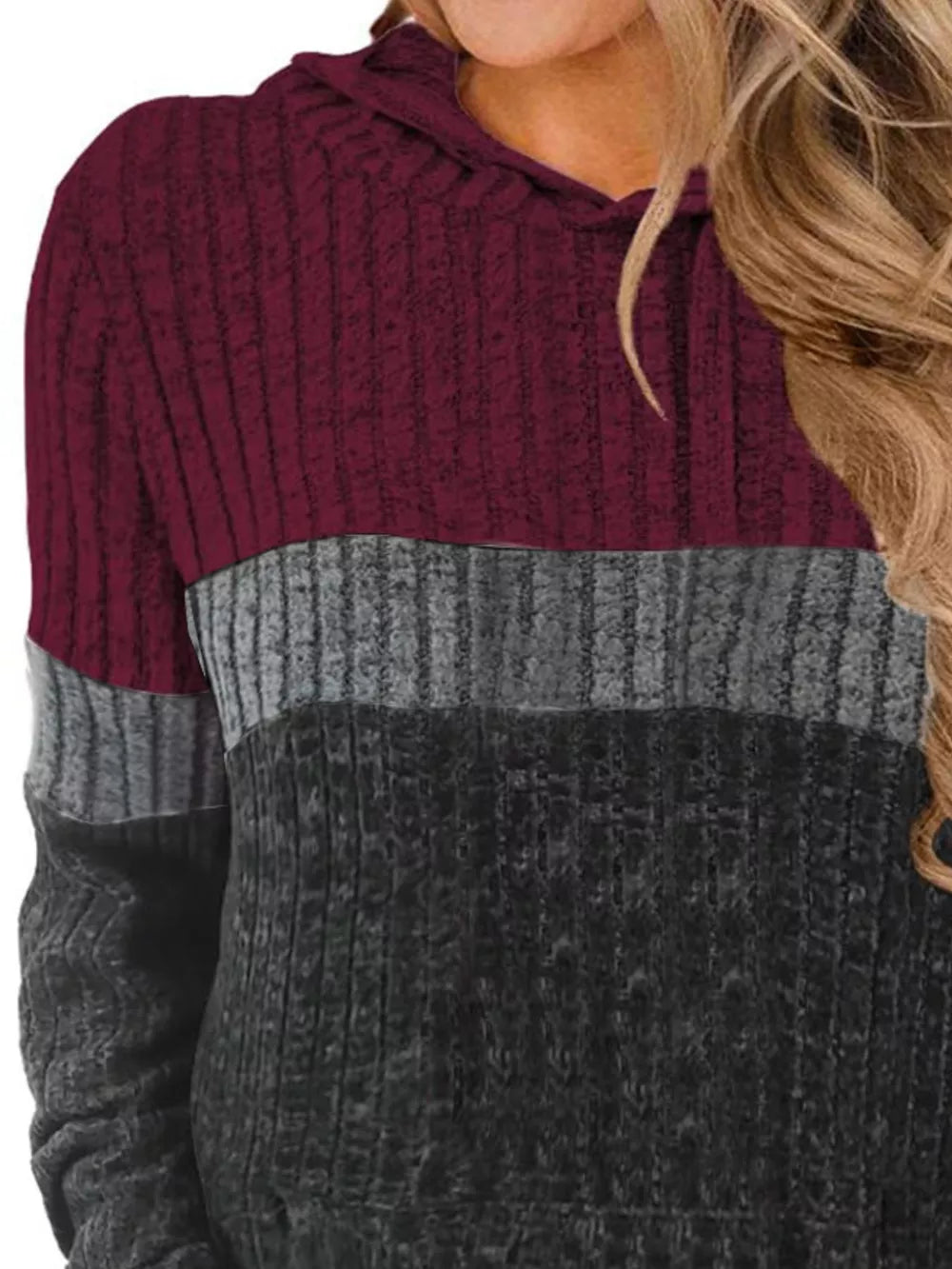 Burgundy, gray, and black color block ribbed knit hoodie with a hood.