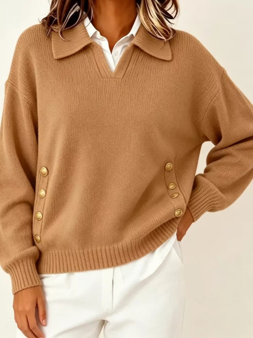 Collared Button-front Knit Sweater in Pink
