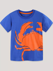 Blue cotton toddler t-shirt with orange crab graphic and orange trim