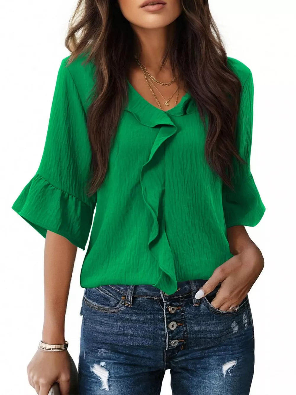 Green maternity shirt with V-neck and cascading ruffles, 3/4 bell sleeves.