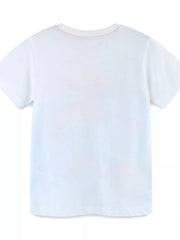 White cotton crew neck toddler t-shirt with a colorful underwater scene graphic and pink trim.