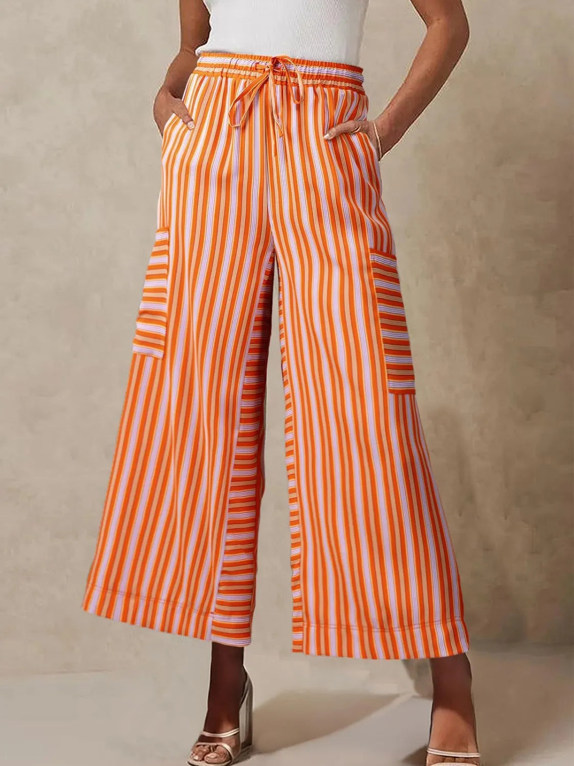 Coastal Stripe Cargo Culottes in Tangerine with drawstring waist and side pockets.