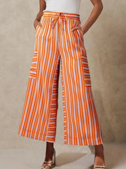 Coastal Stripe Cargo Culottes in Tangerine with drawstring waist and side pockets.
