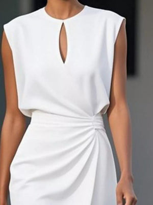 White ruched dress with keyhole neckline and sleeveless design