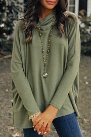 Army green tunic with cowl neckline, long sleeves, and drape front detail.