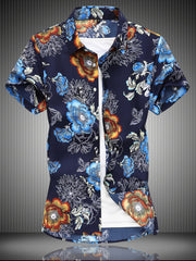 Men's plus size navy floral casual shirt with short sleeves and button-up front.