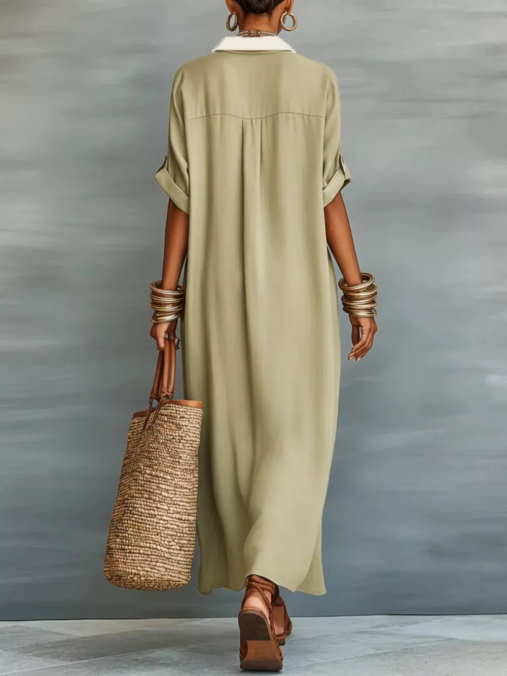 Short Sleeve Maxi Shirt Dress Plus Size in Khaki Color, side view