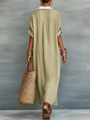 Short Sleeve Maxi Shirt Dress Plus Size in Khaki Color, side view