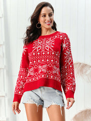 Red crewneck sweater with white snowflake pattern, acrylic, casual style