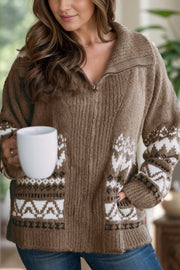 Fair Isle zip-through knit jacket in taupe with white pattern, ribbed texture, and pockets.