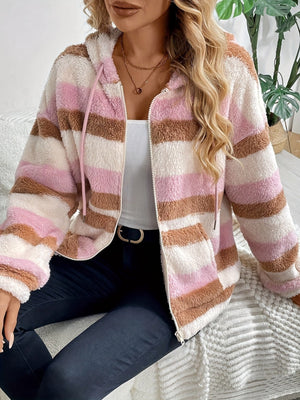 Fuzzy teddy stripe zip-up hoodie in blush pink with a hood and pockets.