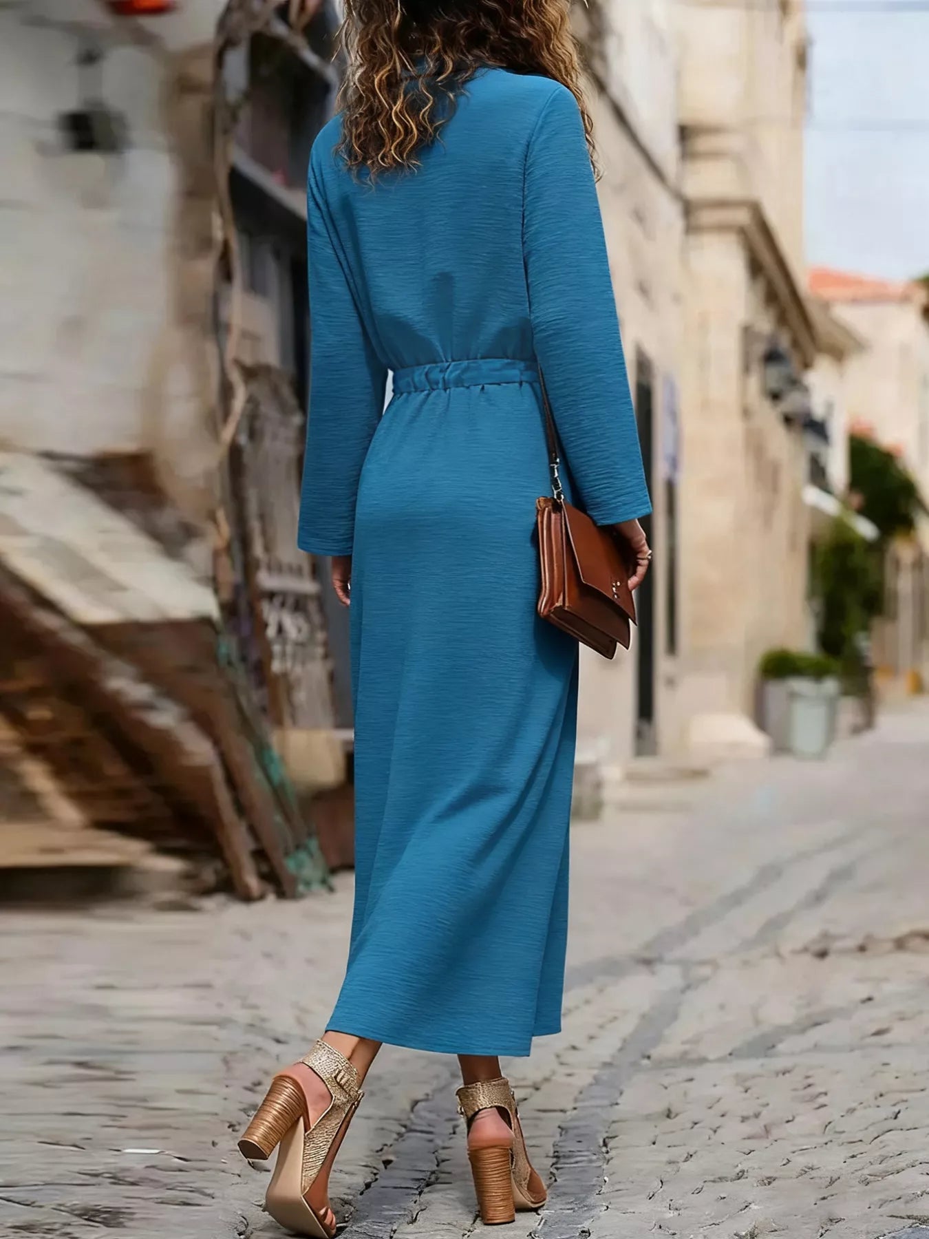 French Blue button-down maxi dress with drawstring waist and long sleeves.