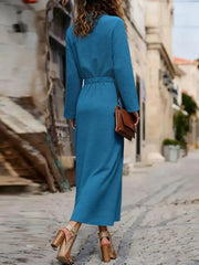 French Blue button-down maxi dress with drawstring waist and long sleeves.