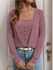 Sculpted ribbed button-front top in dusty pink with a square neckline and decorative buttons.