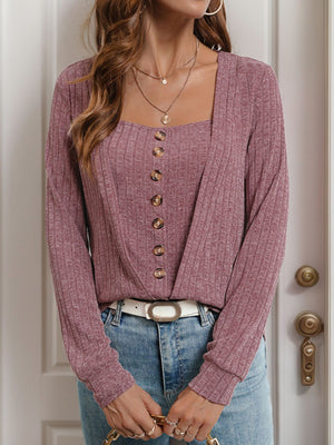 Sculpted ribbed button-front top in dusty pink with a square neckline and decorative buttons.