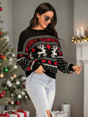 Black round neck sweater with Merry Christmas text, reindeer and heart pattern