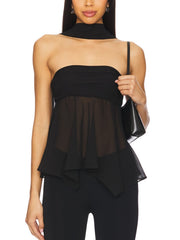Black asymmetrical sheer top with elegant scarf detail and ruffled hem.