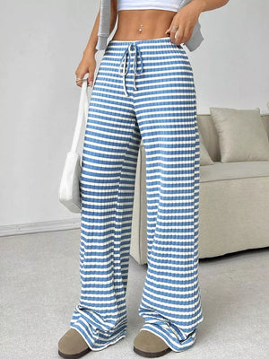 Light blue striped ribbed wide-leg pants with drawstring waist