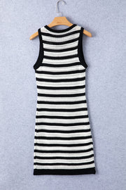 Striped crochet bodycon mini dress with black trim and crew neck.
