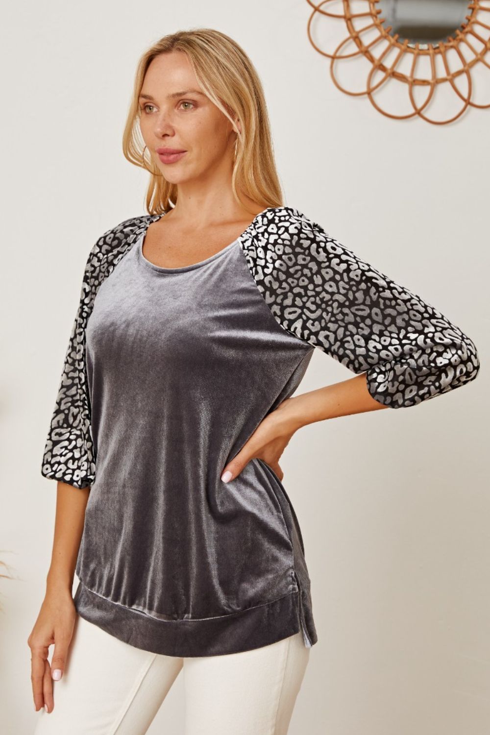Velvet raglan top in dark gray with leopard print 3/4 sleeves